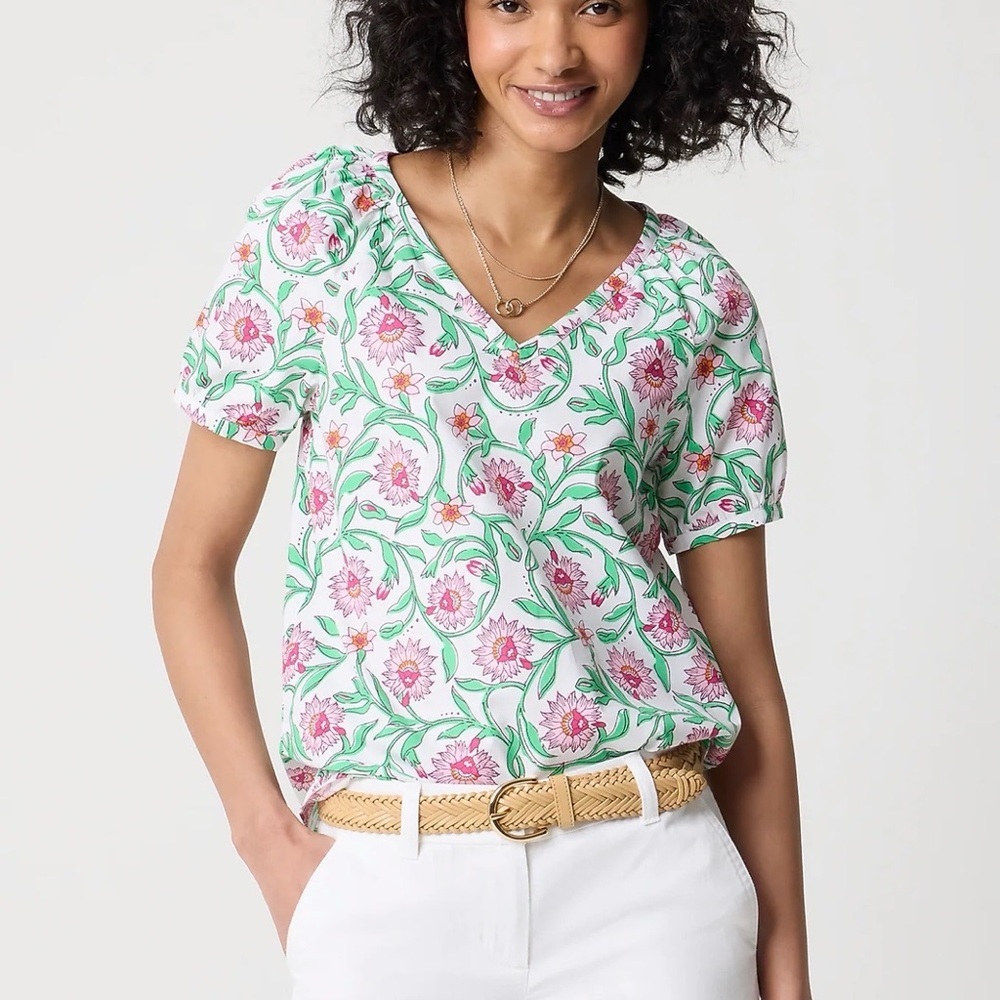 J. Crew factory Floral V-Neck Short Sleeve Top on White size 2X